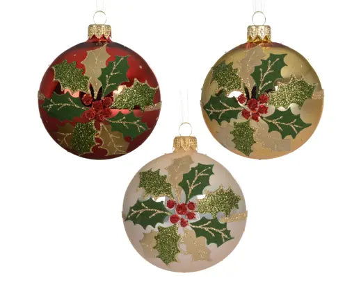 Decoris Ornate Glass Bauble Holly 8cm Single Assorted