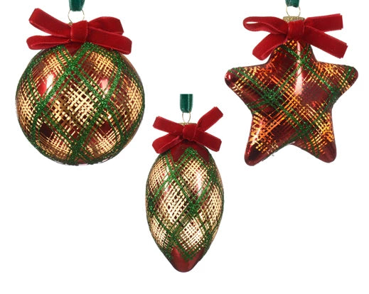Kaemingk Ornament Glass Check & Glitter Oxblood Velvet Bow Assorted