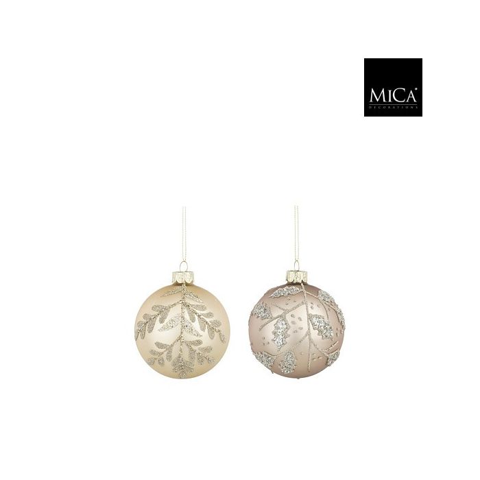 Mica Bauble Glass Leaves Cream Champagne 8cm