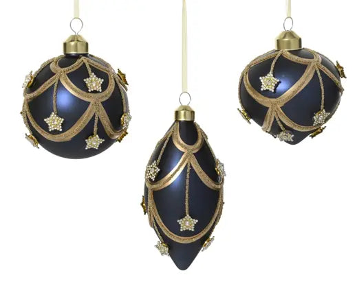 Decoris Baubles Glass Matt Star Diamond Night Blue 8cm Single Assorted