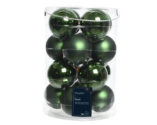 Decoris Glass Baubles Shiny Matt Mix Pine Green 8cm 16 Pack