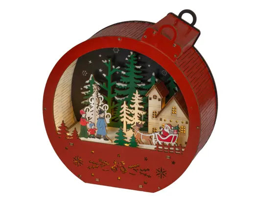 Lumineo Bauble Winter Wooden Scene Red Light Up LED 22.5cm