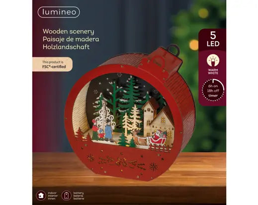 Lumineo Bauble Winter Wooden Scene Red Light Up LED 22.5cm