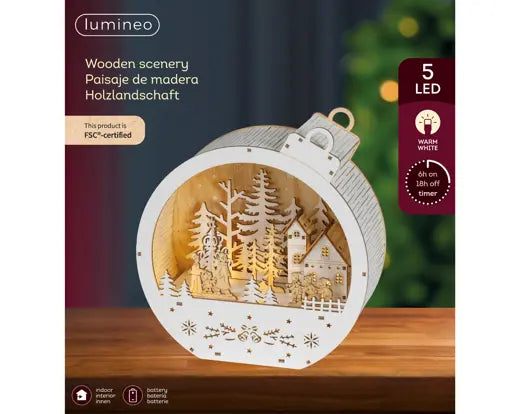 Lumineo Bauble Winter Wooden Scene Light Up LED 22.5