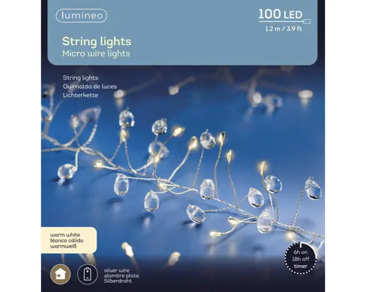 Lumineo Micro Wire Cluster String Lights with Crystals Warm White Indoor 100 LED 120cm