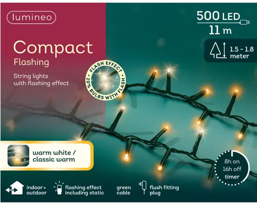 Lumineo Compact Flashing String Lights Warm White & Classic Warm Indoor/Outdoor 500 LED 1100cm
