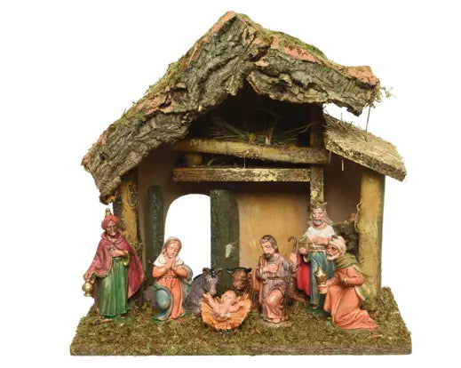 Decoris Nativity House Wood with 8 Figures L.27cm x W.17cm x H.26cm