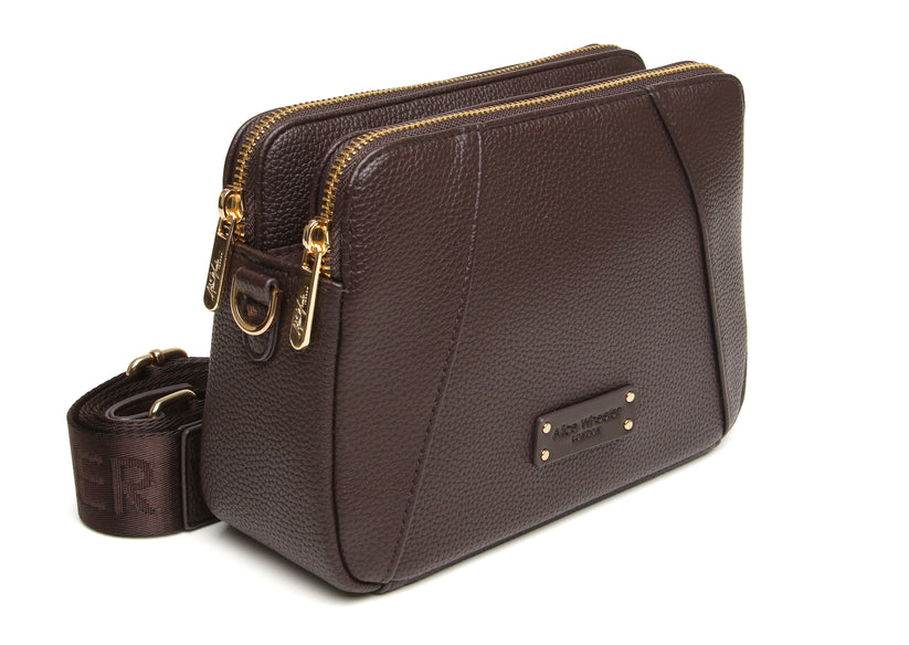 Alice Wheeler Kensington Cross Body Bag Double Zip Chocolate