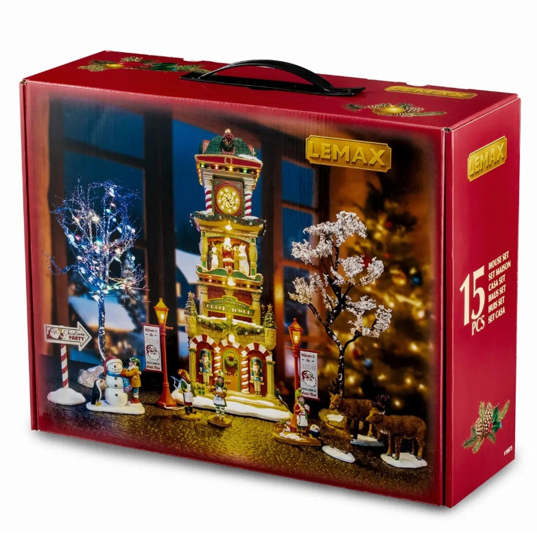 Lemax The Village Square Clock Tower Set With Adaptor 56673-UK