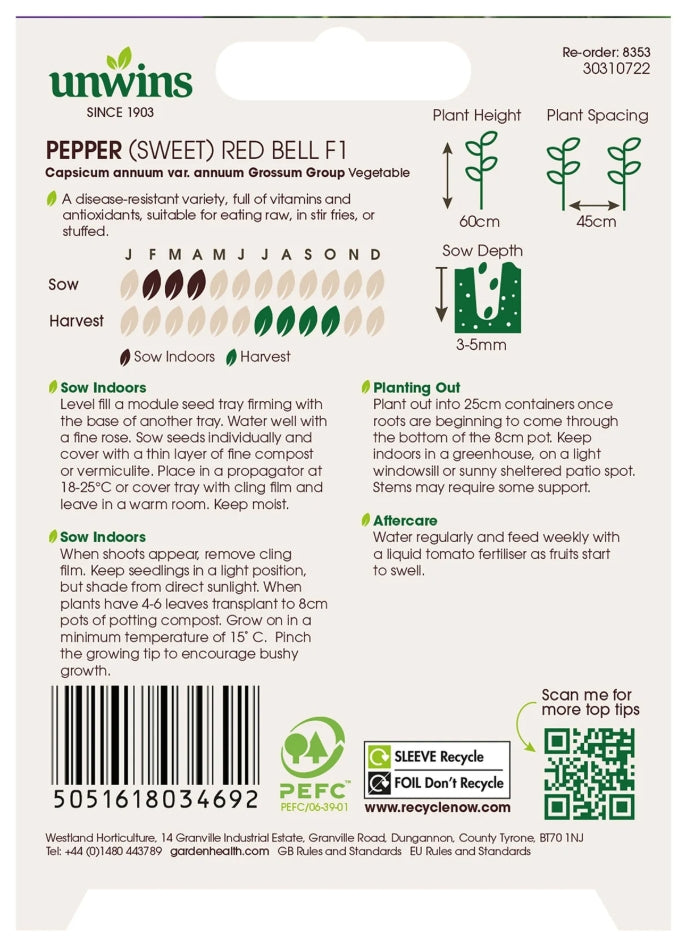Unwins Sweet Pepper Red Bell F1 Seeds