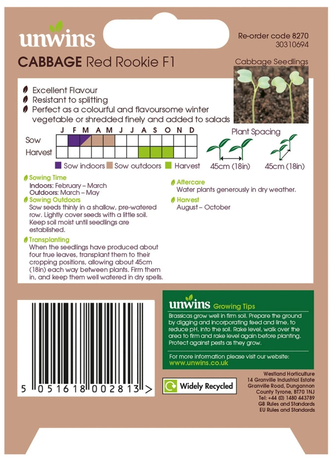Unwins Round Cabbage Red Rookie F1 Seeds