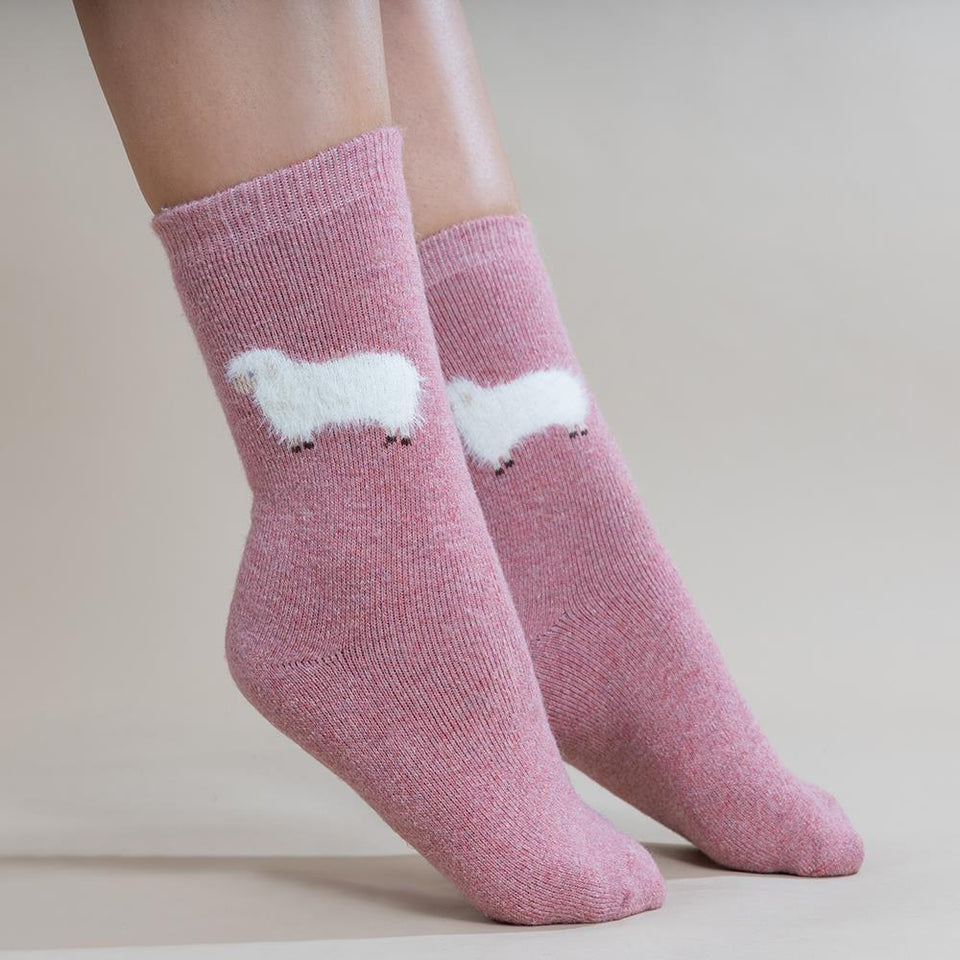 Gemjar Pink Wool Blend Socks With Fluffy Sheep