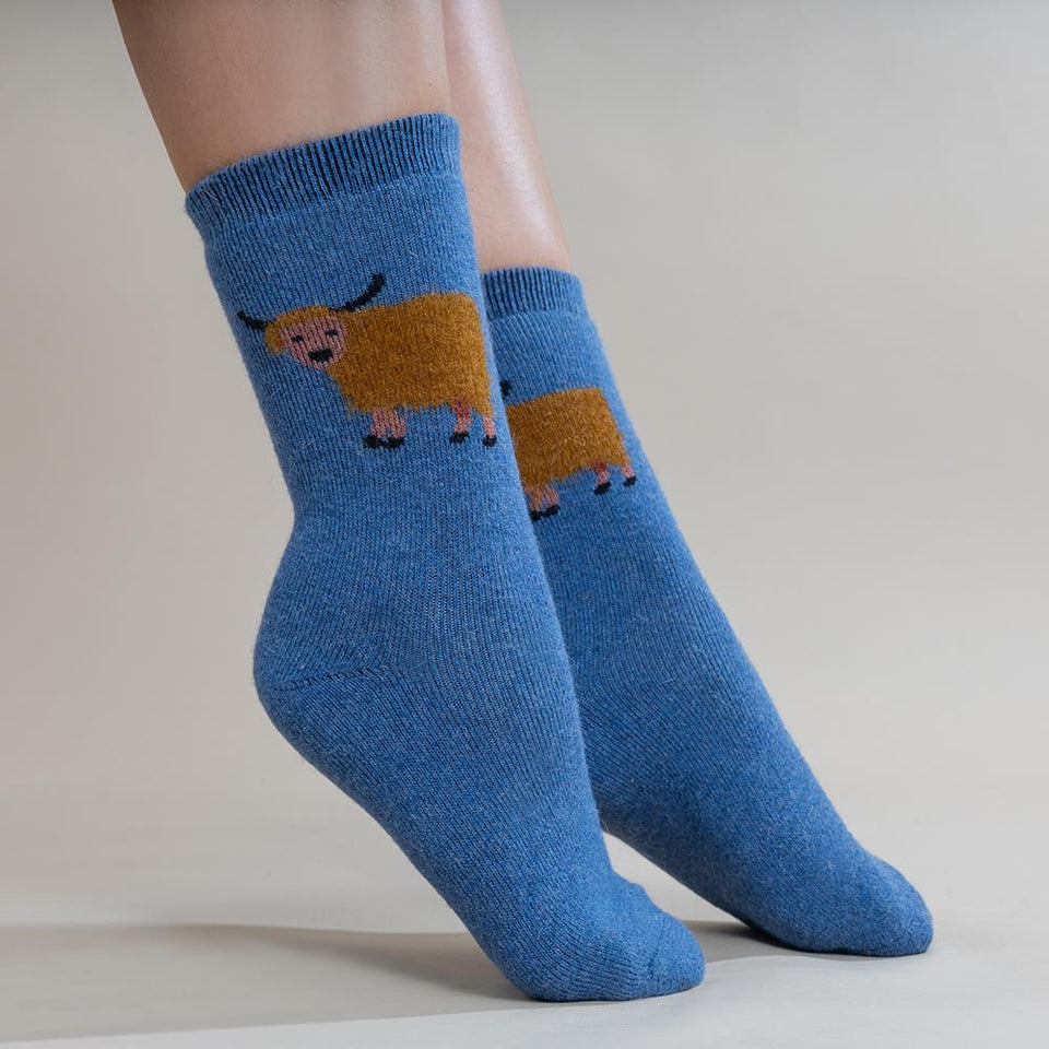 Gemjar Thick Wool Blend Blue Socks With Fluffy Highland Cows