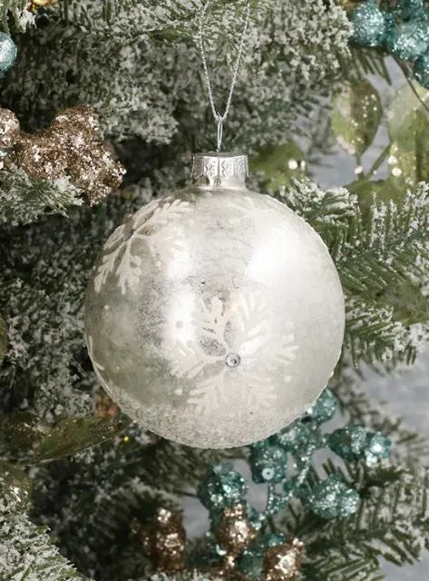 Gisela Graham White Damask Glass Ball White Snowflakes