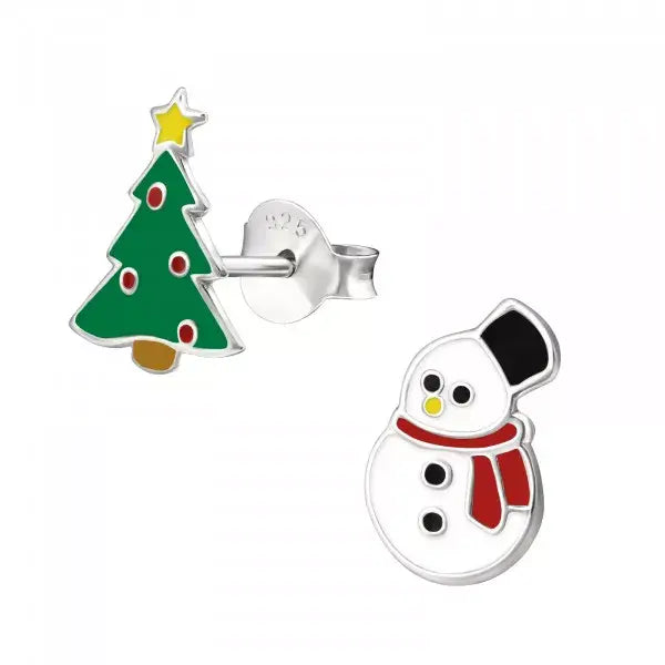 Hollie Tree Sterling Silver Studs Snowman & Tree