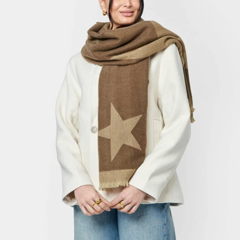 Katie Loxton Printed Blanket Scarf Large Star Chocolate & Soft Tan 190 cm X 75 cm X 1 cm