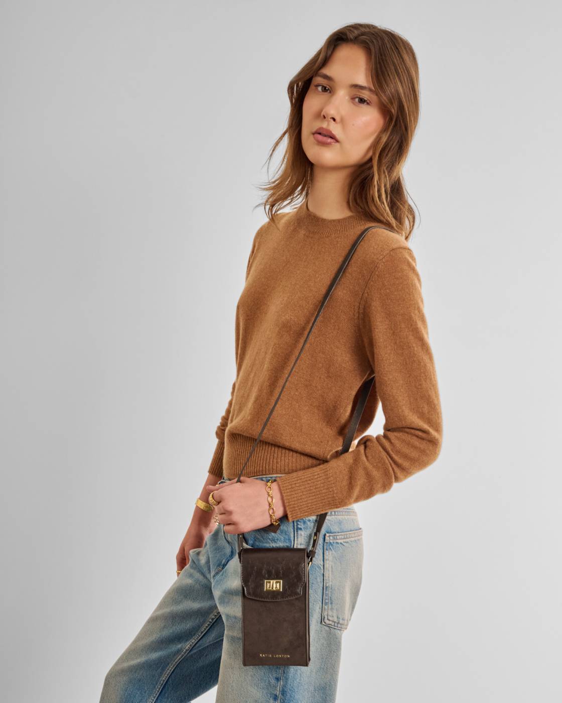 Katie Loxton Orin Twist Lock Slim Bag Bitter Chocolate Suedette