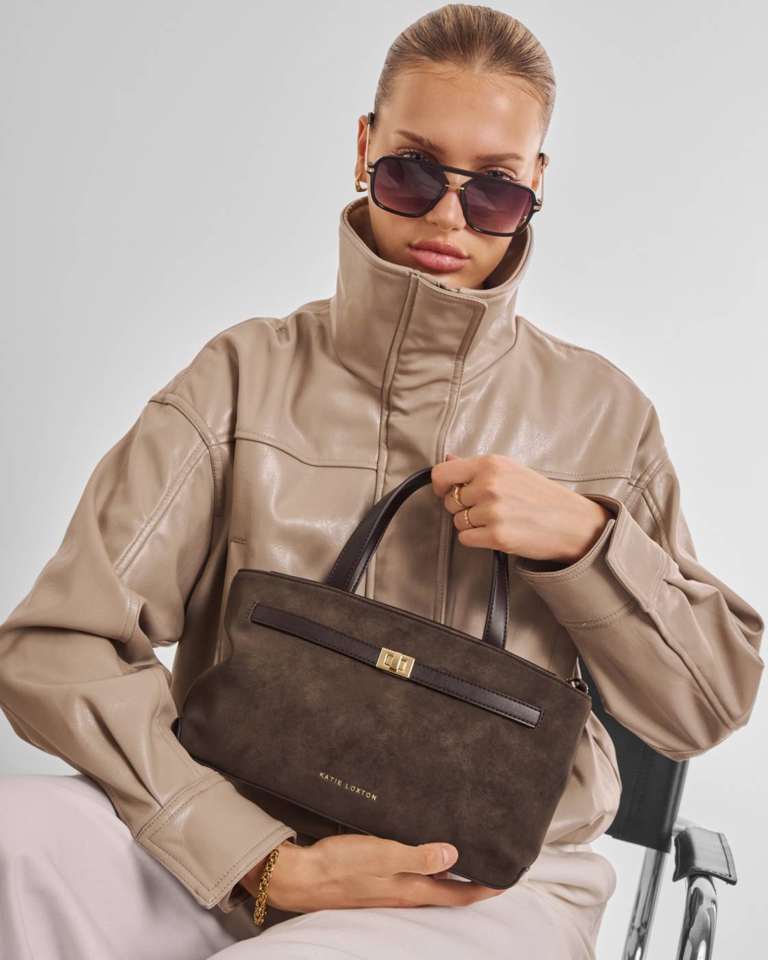 Katie Loxton Orin Top Handle Crossbody Bag Bitter Chocolate Suede