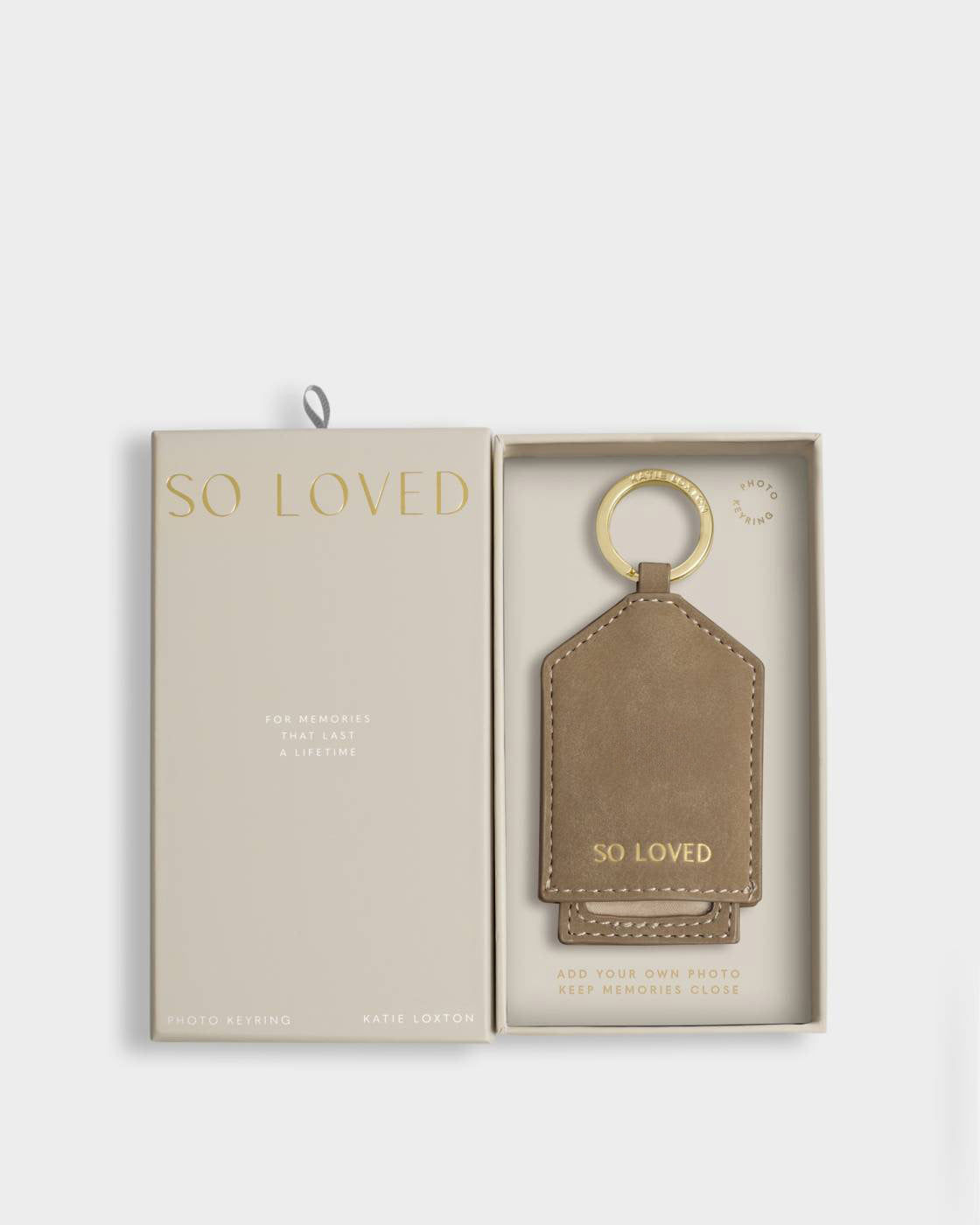 Katie Loxton Boxed Photo Keyring Taupe So Loved