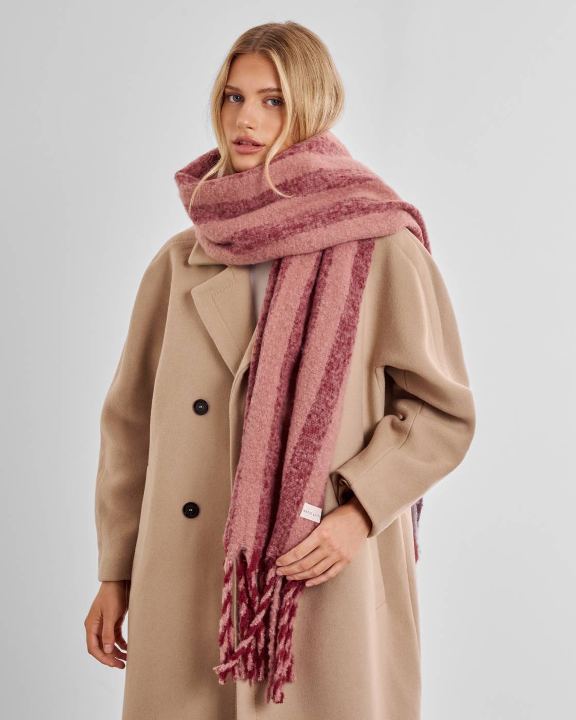 Katie Loxton Recycled Striped Tassel Scarf Pink/Cherry