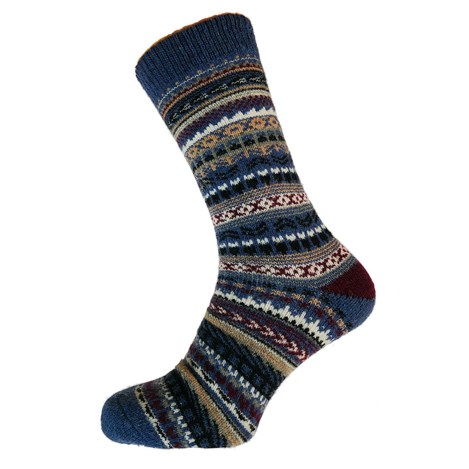 Gemjar Light Blue Black and Burgundy Nordic Patterned Wool Blend Socks