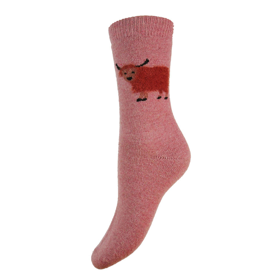 Gemjar Thick Wool Blend Pink Socks with Fluffy Highland Cows